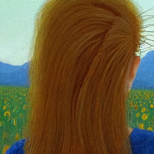 Prompt: a girl in amazing tall sunflower field, her hair flowing down, subtle, intricate details, real masterpiece, oil on canvas, by leonardo da vinci, vitalik buterin