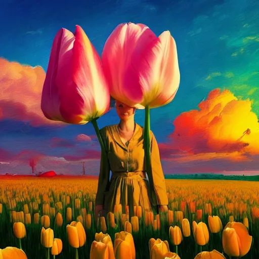 Image similar to girl with a single giant tulip as a head, surreal photography, flower field, sunset dramatic light, impressionist painting, colorful clouds, blue sky, digital painting, artstation, simon stalenhag