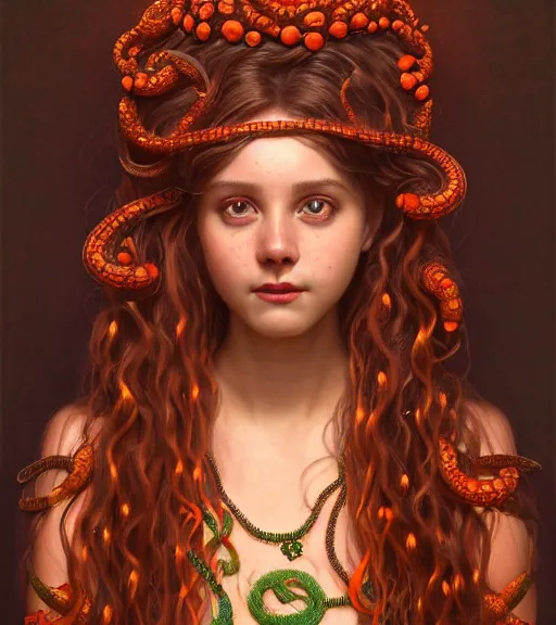 Image similar to portrait of teenage medusa, snake hair, naughty smile, wearing an embroidered orange tunic, intricate, sensual, elegant, copper and emerald jewelry, glowing lights, seductive, highly detailed, digital painting, artstation, concept art, smooth, sharp focus, illustration, art by wlop, mucha, artgerm, and greg rutkowski