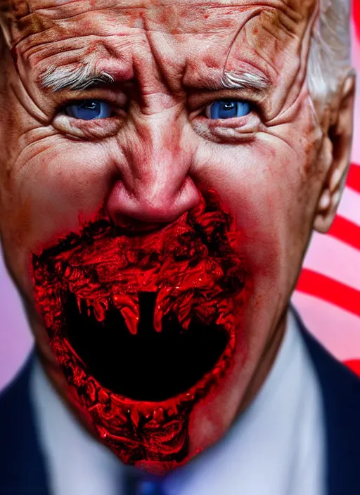 Image similar to Joe Biden, hyper realistic ultra realistic horror terror dimensional photo furious glowing red eyes, extreme fear, panic, psychotic, Joe Biden , high quality photo, detailed , 8k