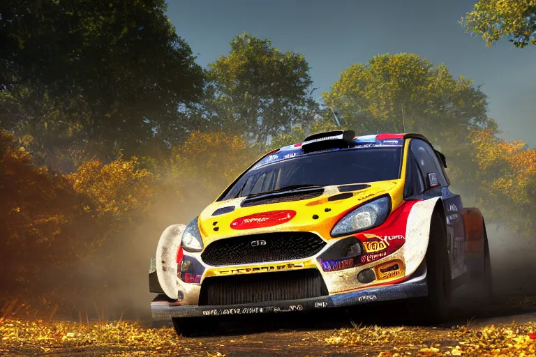 Prompt: wrc rally car, design 3 dmax vray maya pixar unreal 5, hyperrealistic, octane render, dynamic lighting, intricate detail, harvest fall vibrancy, cinematic beeple, by thomas kinkade global illumination ray tracing hdr