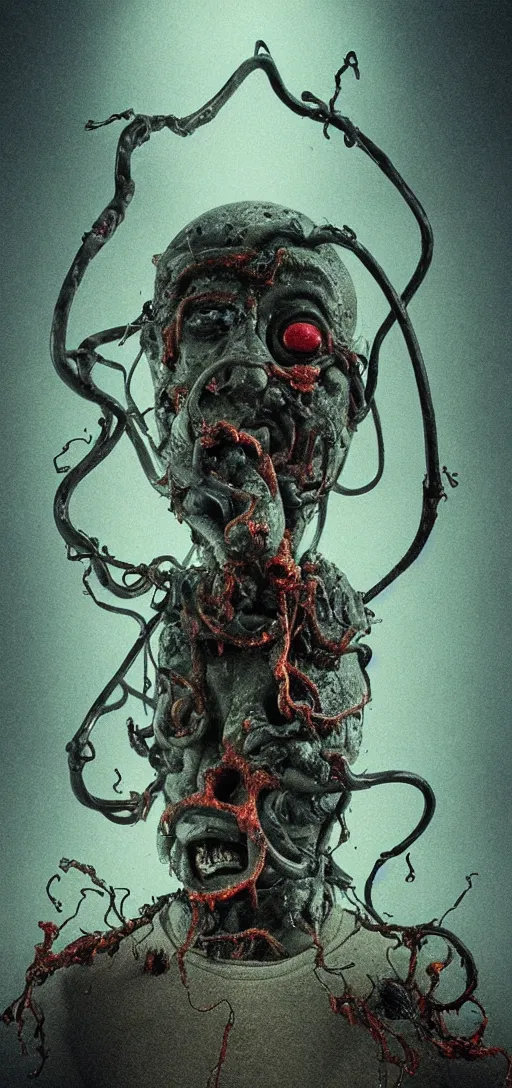 Image similar to thomas the tank engine in style of zdzisław beksinski, extremely dramatic lighting, 8 k, tendrils, black, darkness, black slime tendrils, infected, rust, body horror, thomas the train, thomas the tank engine face, horror,