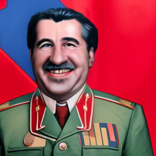 Image similar to hyper realist photograph of staline smiling with the ussr flag behind him, close up, face picture, 4 k, very detailed