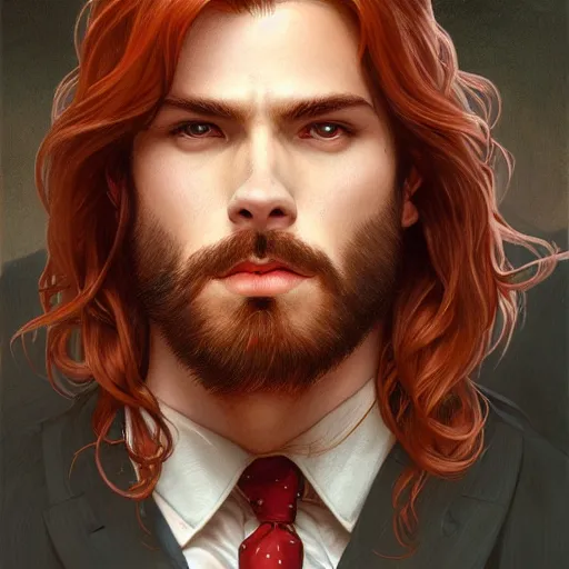 Image similar to portrait of a man - wolf, male, handsome, masculine, full body, red hair, long hair, soft hair, fantasy, intricate, elegant, highly detailed, suit, coffee shop, digital painting, artstation, concept art, character art, smooth, sharp focus, illustration, art by artgerm and greg rutkowski and alphonse mucha