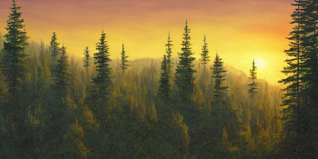 Prompt: A majestic firewatch tower in the woods at sunset Acrylic Painting, Detailed, Volumetric Lighting, Matte Finish