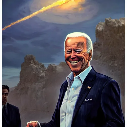 Image similar to joe biden smiling while behind him the world is burning, dramatic lighting, cinematic, establishing shot, extremly high detail, photorealistic, cinematic lighting, artstation, style by James Gurney