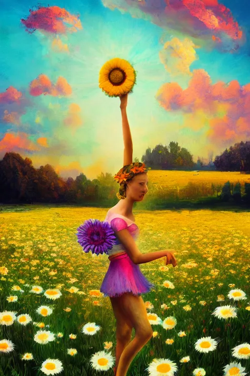 Image similar to giant daisy flower as head, girl dancing in a flower field, surreal photography, sunrise, dramatic light, impressionist painting, colorful clouds, digital painting, artstation, simon stalenhag