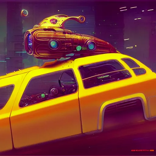 Image similar to a cyberpunk oscar meyer weiner weinermobile, highly detailed epic, CG render digital painting artwork by Greg Rutkowski, John Berkey, Alexander Jansson, Kuvshinov, WLOP, Artgerm, trending on ArtStation, intricate artwork by Tooth Wu, Beeple. octane render, trending on artstation, greg rutkowski very coherent symmetrical artwork, bokeh, cinematic, hyper realism, high detail, octane render, vervia, 8k