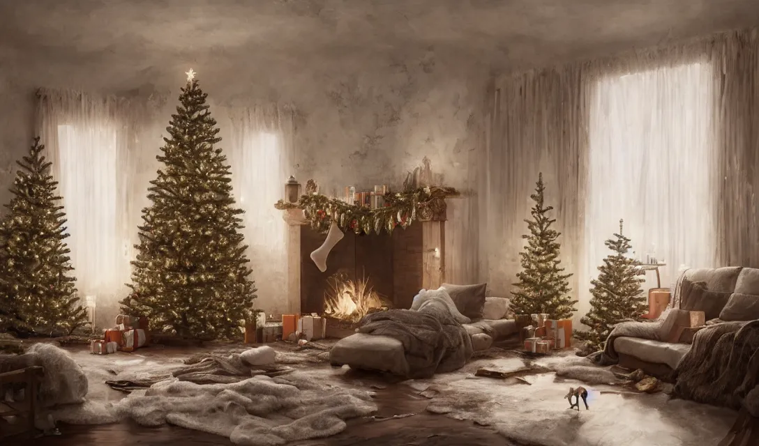 Image similar to a christmas eve in a beautiful home, photorealistic landscape painting on the wall, ascher clemens, home, interior, octane render, deviantart, greg rutkowski, cinematic, key art, hyperrealism, canon eos c 3 0 0, ƒ 1. 8, 3 5 mm, 8 k, medium - format print