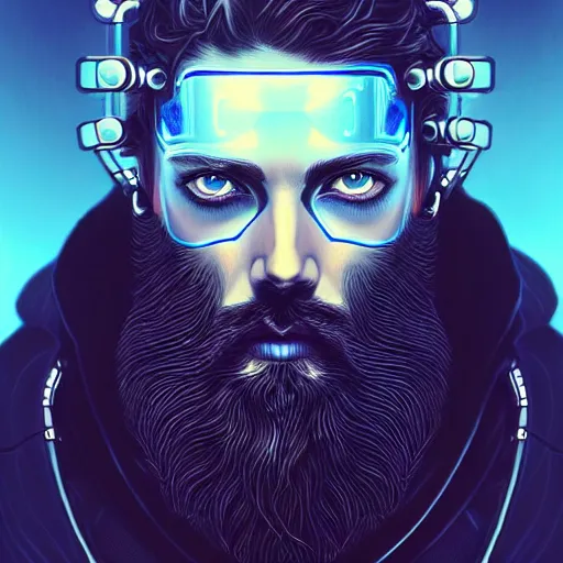 Image similar to bearded man with extremely large and intricate eye cyberpunk bionics with angry blue eyes and slim features looking askance, eye cyberpunk bionics, retro futurist style, intricate, elegant gleaming intricate baroque jewelry, angelic halo, highly detailed, digital painting, artstation, concept art, smooth, sharp focus, illustration, art by wlop, mars ravelo and greg rutkowski,