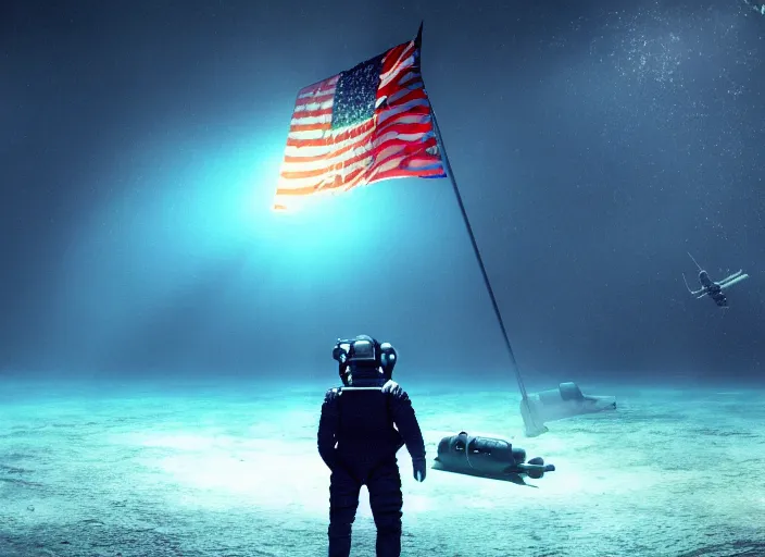 Image similar to astronaut holding a flag in an underwater desert. a submarine is visible in the distance. dark, concept art, cinematic, dramatic, atmospheric, 8 k, trending on artstation, blue, fish, low visibility, light rays, extremely coherent, bubbles, fog, ocean floor, christopher nolan, interstellar