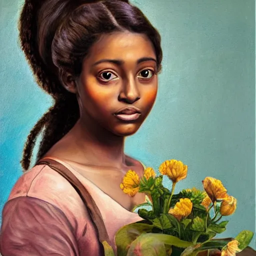 Image similar to beautiful brown skinned woman, with pigtails, holding flowers, hyper realism, muted colours, rococo, portrait