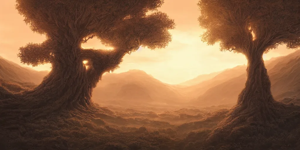 Prompt: a lonely giant tree in the center of a in immense valley at sunset, intricate, highly detailed, soft illumination, digital painting, artstation, concept art, smooth, sharp focus, illustration, cinematic, vfx, 4 k