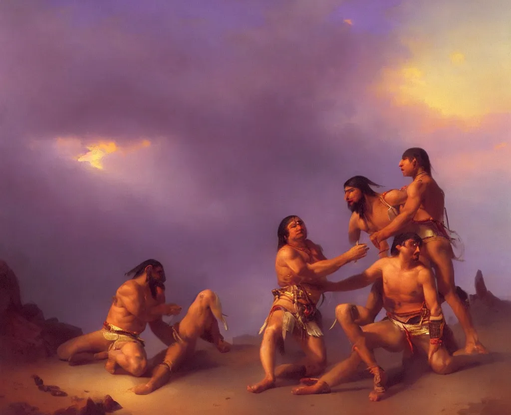 Image similar to two handsome american indians in loincloths, wrestling against a royal purple backdrop by ivan aivazovsky, oil painting, beautiful soft lighting, saturated colours, artstation