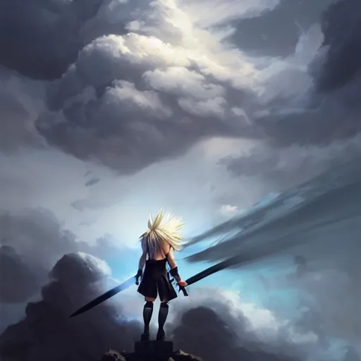 Prompt: thundercloud with a cloud strife's face on it, face only, no body, trending on artstation, high contrast, highly detailed, epic, 4 k, artstation, greg rutkowski, makoto shinkai, beautiful sky
