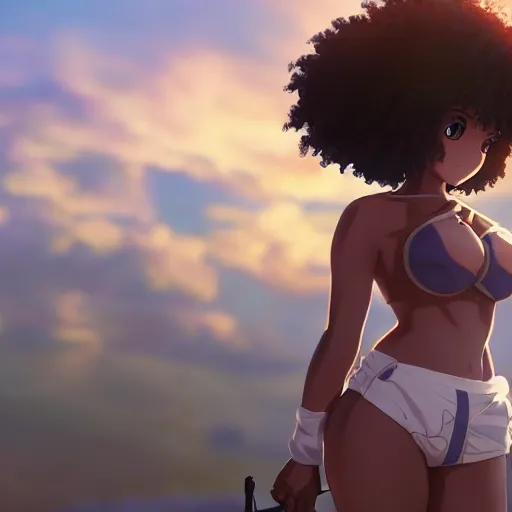 Image similar to a beautiful 3d brown anime girl, brown skin, black curly hair, thick body, Cinematic lighting, medium shot, in a anime masterpiece, highly detailed, Trending on artstation, unreal engine 4k, Cinematic wallpaper