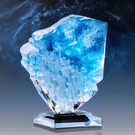 Image similar to abstract carved crystal sculpture made of blue ice, nebula background, 4k