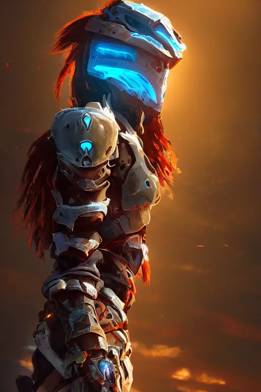 Image similar to combination suit armor aloy horizon forbidden west horizon zero dawn radiating a glowing aura global illumination ray tracing hdr fanart arstation by ian pesty and alena aenami artworks in 4 k tribal robot ninja mask helmet backpack