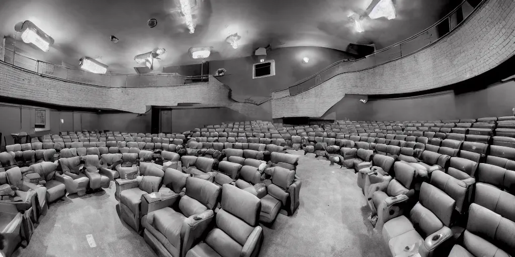 Image similar to a dimly lit, theater hall, 3 doors, 1 staircase, day of the tentacle style, fish eye