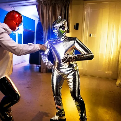 Prompt: a man wearing a shiny aluminum robot suit and wearing a shiny chrome robot mask, dancing at a house party