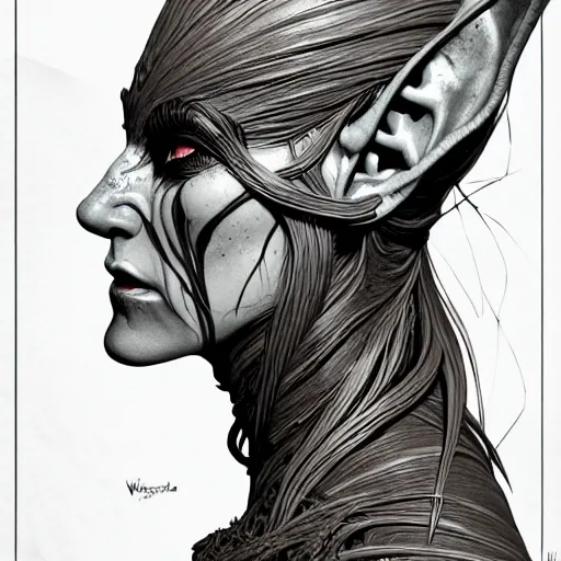 Image similar to wideview of an elven witch,intricate, veins, by Hugo pratt, ultradetailed, charachter design, concept art, trending on artstation,