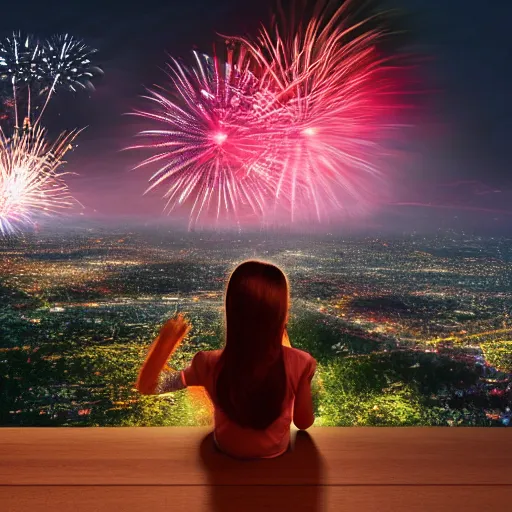 Image similar to girl watching watching fireworks on a hill, digital art, by richard estes, akiyuki shinbou, yoshitaka amano highly detailed, realistic, cinematic, bold colours, photorealism, 4 k, wide angle lens