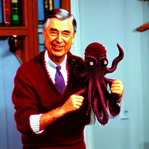 Image similar to mr. rogers proudly displaying a horrific mutated octopus demon that he holds in his hand. 4 k color horror photo.