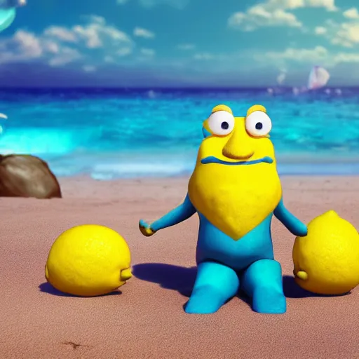Image similar to a supercute lemon cartoon character, that is fit and good looking, it's is relaxing on a beach, inspired by dalle - 2, octane render, 3 d, volumetric lightening,