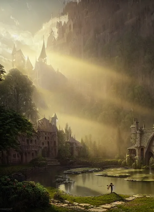 Image similar to beautiful medieval castle, mist, sunrays, dust in the air, dnd character, unreal engine, octane render, dramatic lighting, pond, digital art, by stanley artgerm lau, greg rutkowski, thomas kindkade, alphonse mucha, loish, norman rockwell,