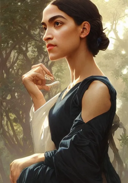 Prompt: alexandria ocasio cortez, intricate, elegant, highly detailed, digital painting, artstation, concept art, smooth, sharp focus, illustration, art by artgerm and greg rutkowski and alphonse mucha and william - adolphe bouguereau