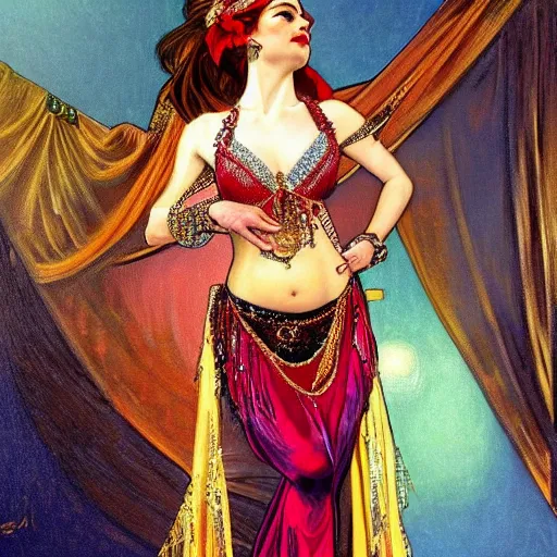 Prompt: a photorealistic portrait of emma stone dressed as a belly dancer, arabian night, high quality, fully detailed, 4 k, in focus sharp face with fine details, realistic hand details and anatomy composition, inspired by belly dancer on youtube, alphonse mucha, masterpiece, stunning