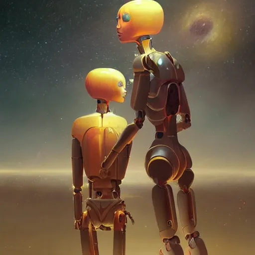 Prompt: digital painting of two humanoid robots hugging each other, the universe is collapsing, cosmic and stars and planets and galaxy, stunning, surreal, cinematic lighting, concept art by greg rutkowski and simon stalenhag