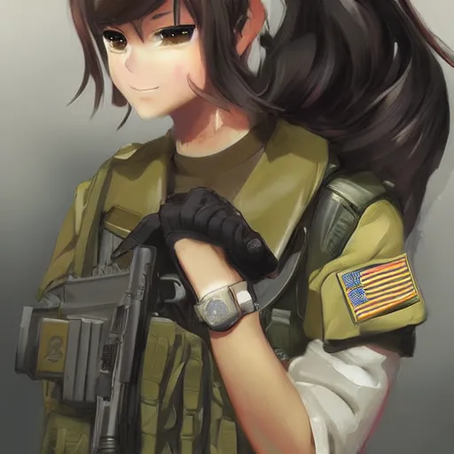 Prompt: anime girl in a united states army special forces uniform, digital art, portrait, krenz cushart