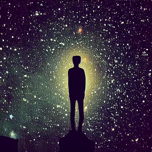 Image similar to “man floating made out of stars and galaxies in the dark”