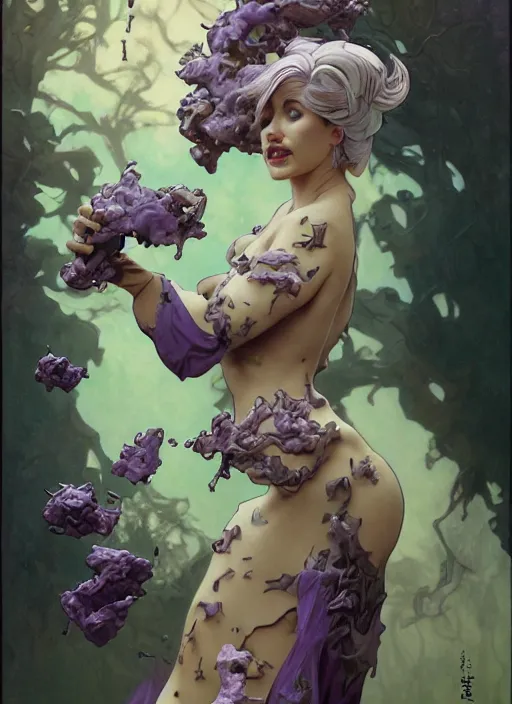 Image similar to mad madam mim, ugly! warts! purple smoke in motion, floating pieces, painted art by tsuyoshi nagano, greg rutkowski, artgerm, alphonse mucha, spike painting