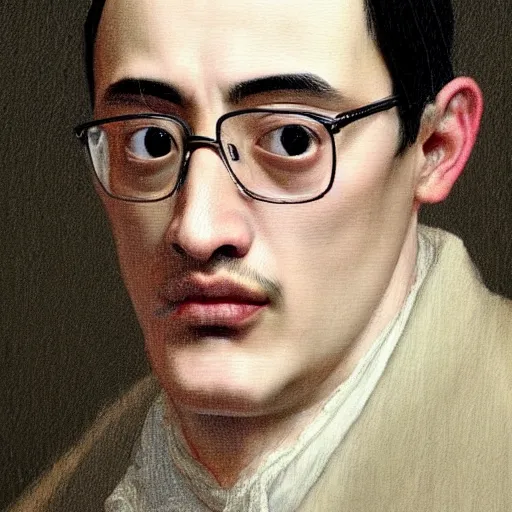 Image similar to A 17th century Baroque Painting of Filthy Frank, grainy, realistic, hyperrealistic, very realistic, very very realistic, highly detailed, very detailed, extremely detailed, detailed, digital art, trending on artstation, detailed face, very detailed face, very detailed face, realism, HD Quality, 8k resolution, intricate details, body and head in frame, painting, oil painting, trending on deviantart, Baroque Painting