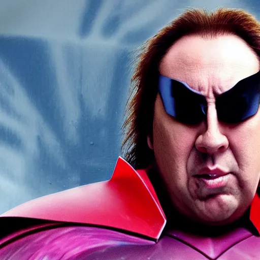 Prompt: a fat nic cage playing magneto, hd digital photography, mobie still