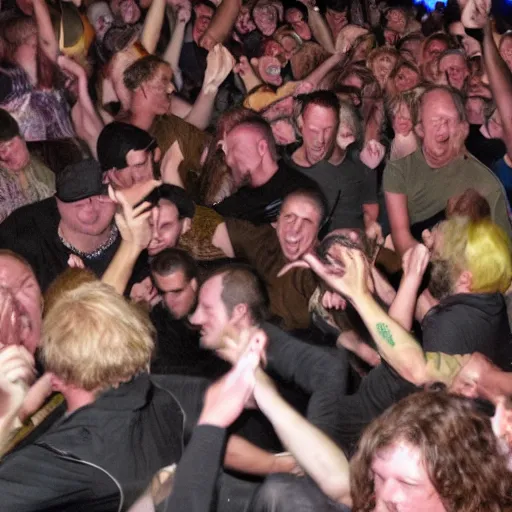 Prompt: dirk van duijvenbode in a mosh pit full at a gig where the band are all aubergines.