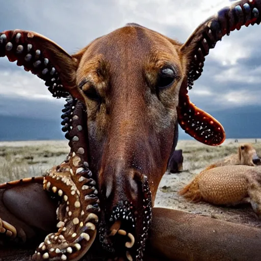 Image similar to National Geographic photo of horse full of octopus being eaten by African hunting dogs