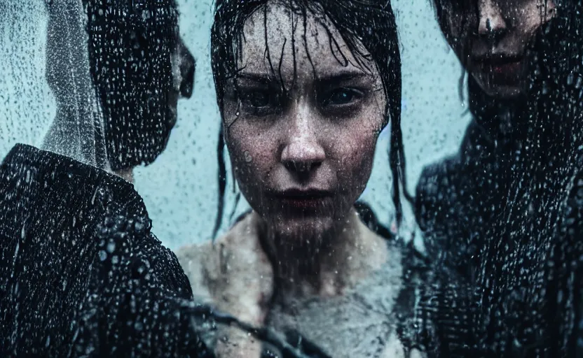 Image similar to cinestill 5 0 d candid photographic portrait by christopher nolan of two loving female androids wearing rugged black mesh techwear in treacherous waters, extreme closeup, modern cyberpunk moody emotional cinematic, pouring rain, 8 k, hd, high resolution, 3 5 mm, f / 3 2, ultra realistic faces, ex machina