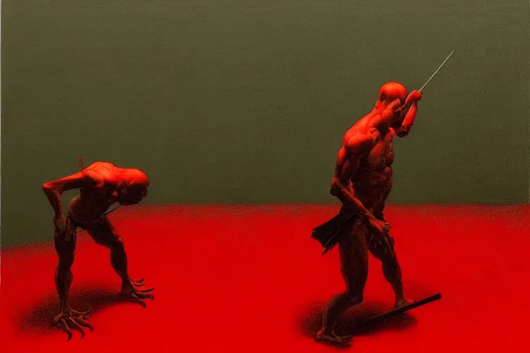 Image similar to only with red, a red samurai do seppuku, tokio, a lot of frogs watch, in the style of beksinski, parts by edward hopper, parts by rodcenko, parts by yue minjun, intricate and epic composition, red by caravaggio, insanely quality, highly detailed, masterpiece, red light, artstation, 4 k