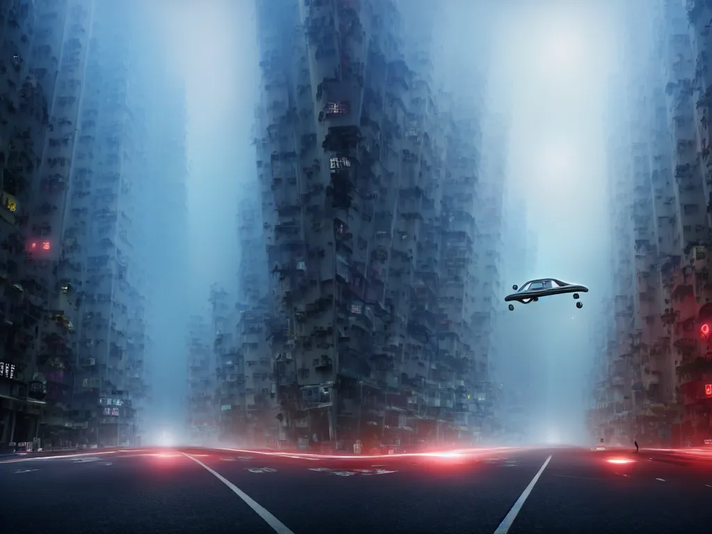 Prompt: movie still of a flying car in the middle of a foggy hong kong street, artstation, volumetric light, high detail, reflections, perfect, concept art, hdr, 8 k