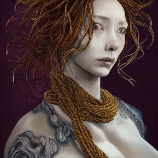 Image similar to portrait of a Shibari rope wrapped face and neck, headshot, insanely nice professional hair style, dramatic hair color, digital painting, of a old 17th century, old cyborg merchant, amber jewels, baroque, ornate clothing, scifi, realistic, hyperdetailed, chiaroscuro, concept art, art by Franz Hals and Jon Foster and Ayami Kojima and Amano and Karol Bak,