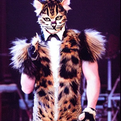 Image similar to 📷 john partridge playing rum tum tugger, spike collar, fluffy neck, cats the musical 🎶, 1 9 9 8 version, professional cat - like makeup, stunning choreography and lighting