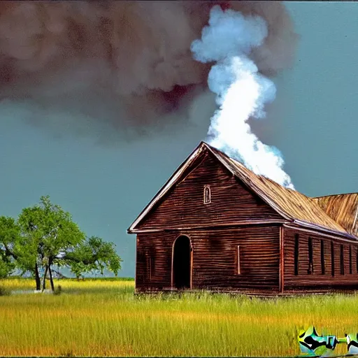 Image similar to a burning old wooden white church, in a bayou, louisiana, southern gothic, painted by greg ratwoski