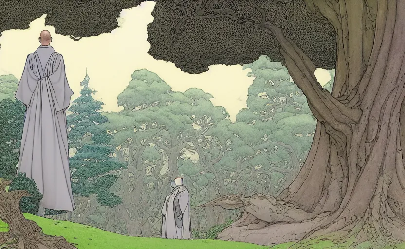 Image similar to a hyperrealist watercolour concept art of a dimensional time portal in the shape of an arch of trees. a medieval monk in grey robes is in the foreground. a japanese temple is in the background. very muted colors, post grunge, by rebecca guay, michael kaluta, charles vess and jean moebius giraud. high detail, hq, wide shot, 4 k