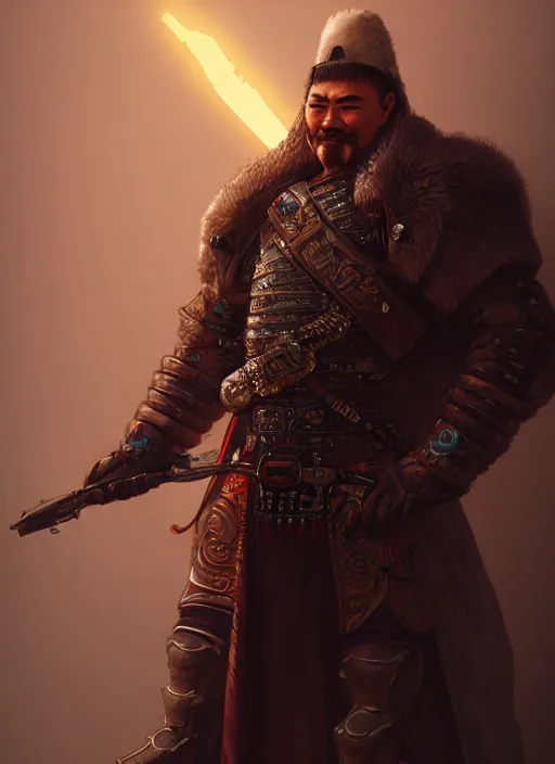 Image similar to Genghis khan as a cyberpunk cowboy rider, au naturel, hyper detailed, digital art, trending in artstation, cinematic lighting, studio quality, smooth render, unreal engine 5 rendered, octane render, art style by klimt and nixeu and ian sprigger and wlop and krenz cushart