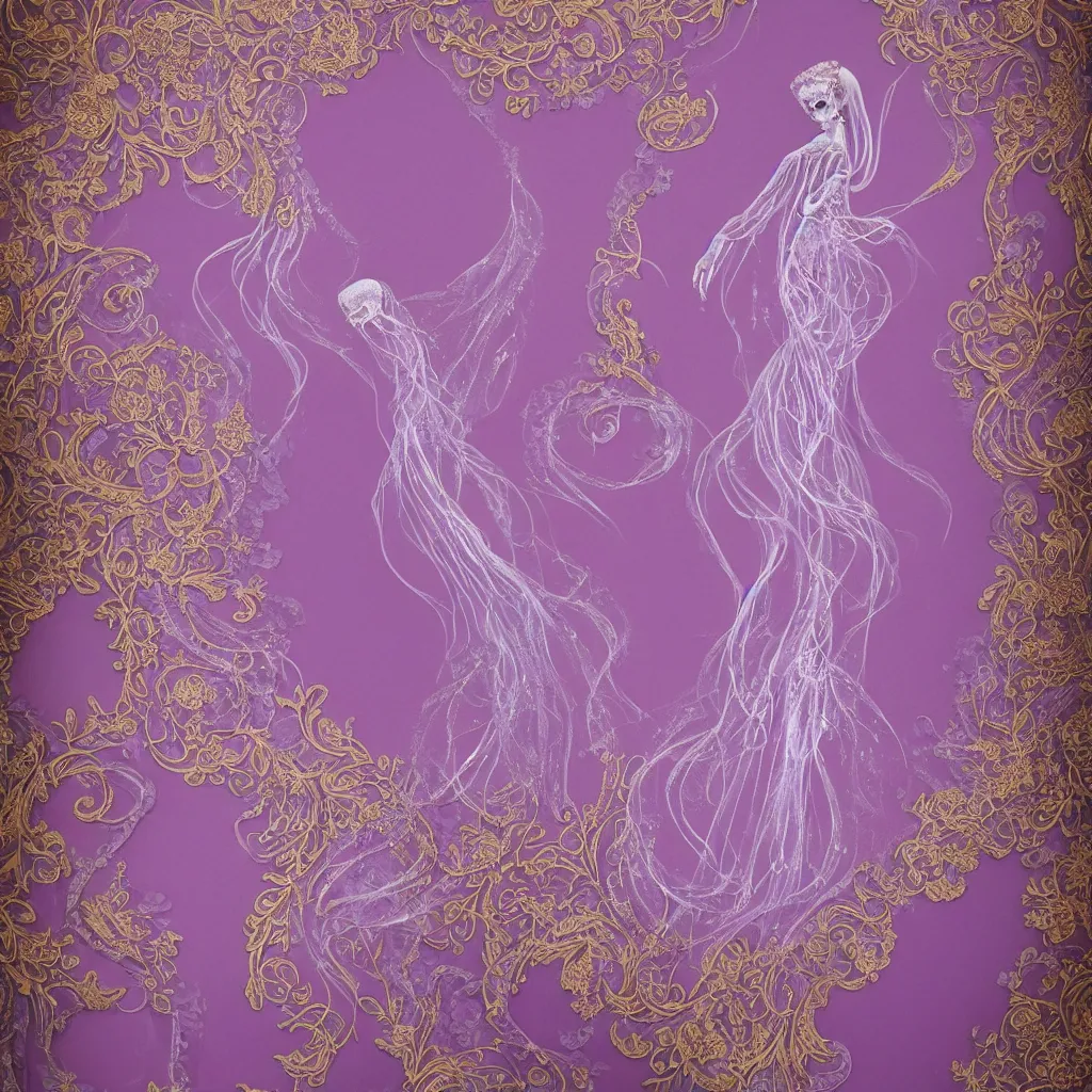 Prompt: purple dress design with goldenlace in the style of rococo ,Victorian era，jellyfish element,dreamy, soft ,Backlight ,luminescence,Aetherpunk,highly detailed,8k