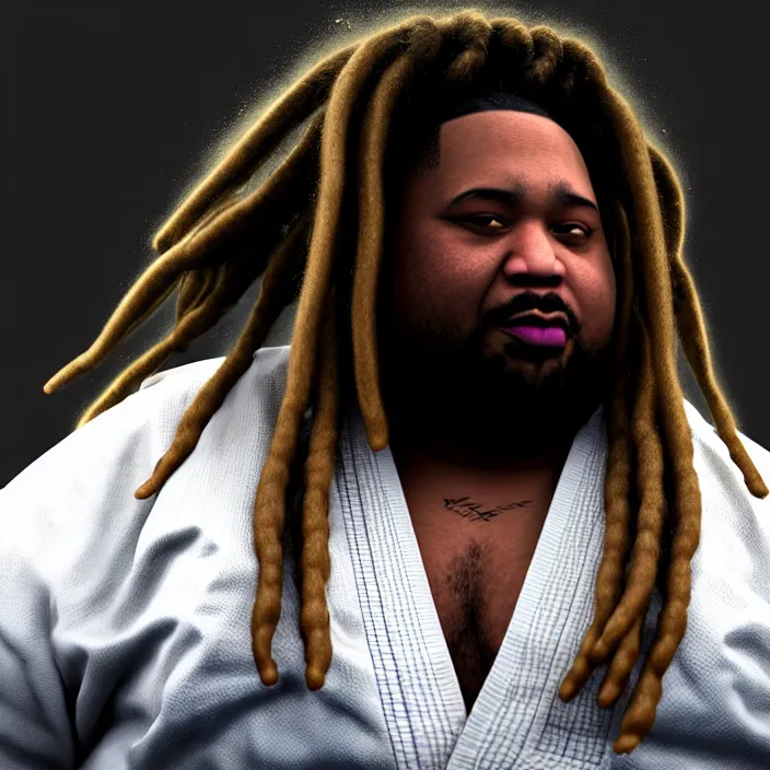 Prompt: hyperrealistic mixed media portrait of an overweight black man with dreads wearing a gi, doing martial arts, 8 k octane beautifully detailed render, post - processing, extremely hyperdetailed, trending on artstation