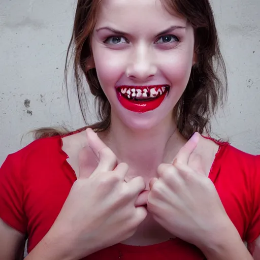 Prompt: photo of young woman by lisset perrier, anger, vampire teeth